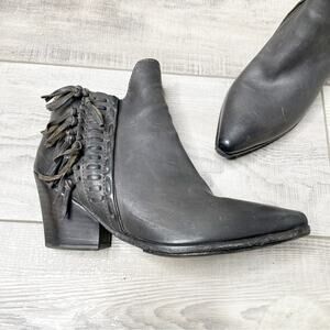 A.S. 98 Woven Leather Fringe Pointed Toe Block Heel Ankle Booties Black Size 37